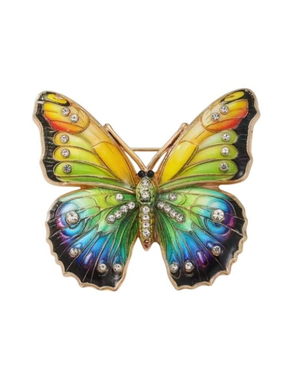 Bright Rainbow Colorful Enamel & Crystal Butterfly Brooch Pin Gold Tone
